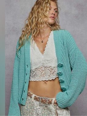 ROSETTE CROCHET KNIT CARDIGAN! Teal Knit Button-Front Women's Cardigan Sweater L